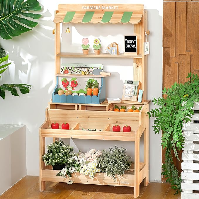 PairPear Wooden Mud Grocery Stand, 2-in-1 Outdoor Market Stand & Mud Kitchen for Kids Outdoor, Montessori Pretend Play Toy with 14 Accessories, Cash Register & Play Food, Ages 3+