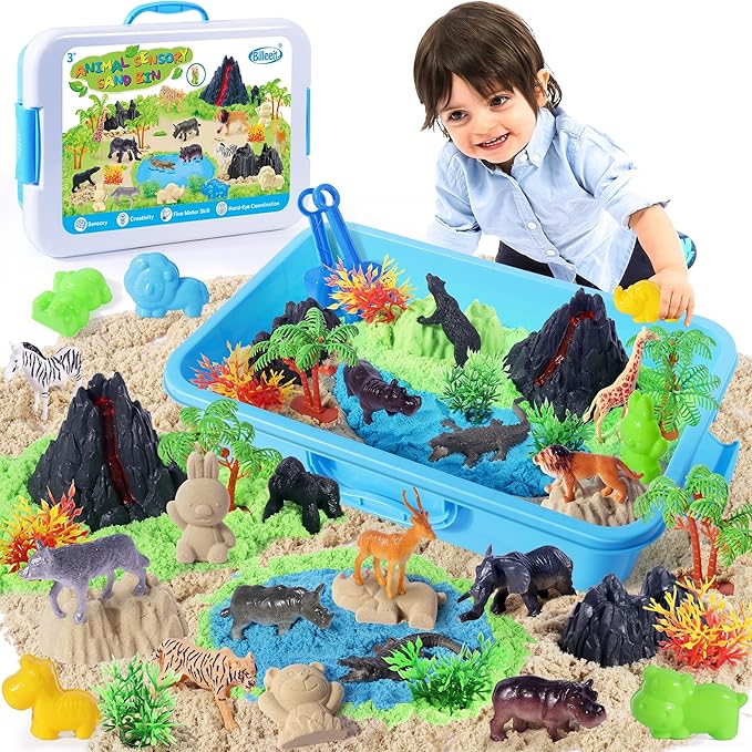 Billeeit Animal Sensory Bin Sand Toy, Play Sand Kit w/lid and 2.2lbs Magic Sand, Molds, Tools, Map Set 35pcs Total, Fun Gift for Kids 3+