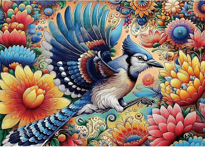 1000 Piece Jigsaw Puzzle for Adults - Colorful Floral & Blue Jay Art Puzzle, 27.5x19.7 Inches Challenging Adult Puzzles for Relaxation, Home Decor & Gift