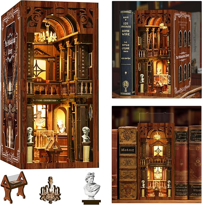 ISSEVE Book Nook Kit, DIY 3D Wooden Puzzle Dollhouse Booknook for Adults, Tiny Miniature House Kit Bookshelf Decor, Halloween for Crafts Book Lovers (Library of Philosophical)