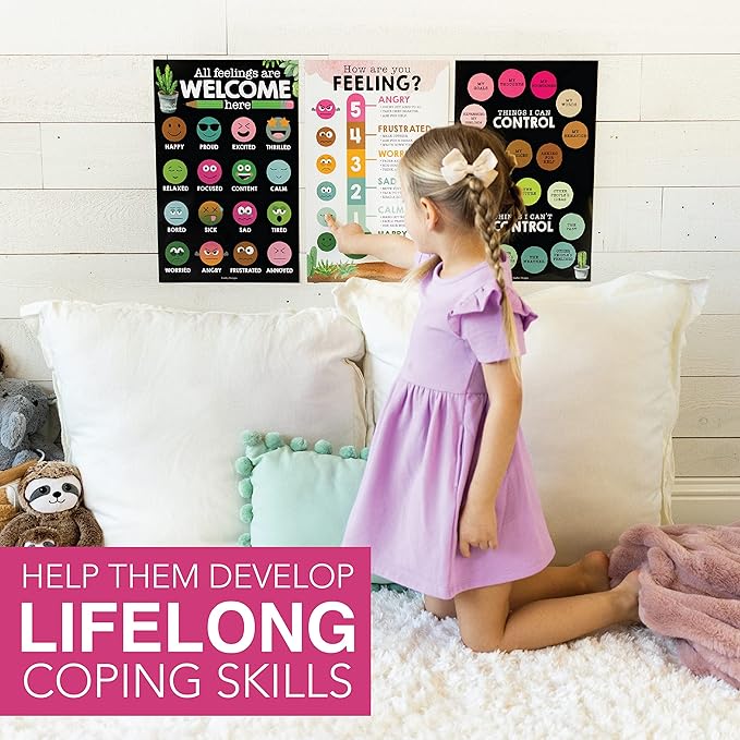 Hadley Designs Feelings Chart For Kids Ages 4-8 - Emotions Chart For Toddlers 3-5, Counseling Feelings Posters For Classroom Calming Corner, Social Emotional Learning Posters, Cactus Classroom Decor