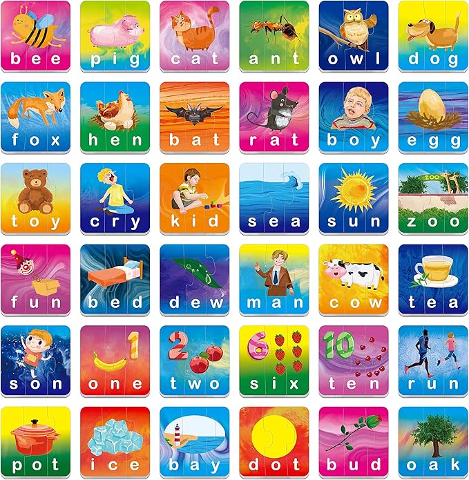 72 Word Spelling Puzzles with Error-Correction Mechanism in 3 Pieces, Perfect for Preschool Learning (36 Block Double Sided)