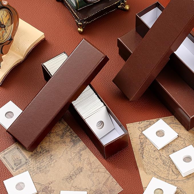 Teling 8 Pcs Coin Storage Box 2x2inch Flip Holders Collectors Coin Supplies Holders for Cents Collection Cardboard (Brown)