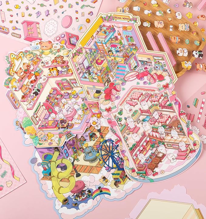 DIY 3D House Stickers, 4 Sets Fun DIY Stickers Scene Make Your Own Mini House Cute Cartoon Animal Scene Stickers for Kids Adult Sticker Art Relief Stress Pass The Time- Large Size
