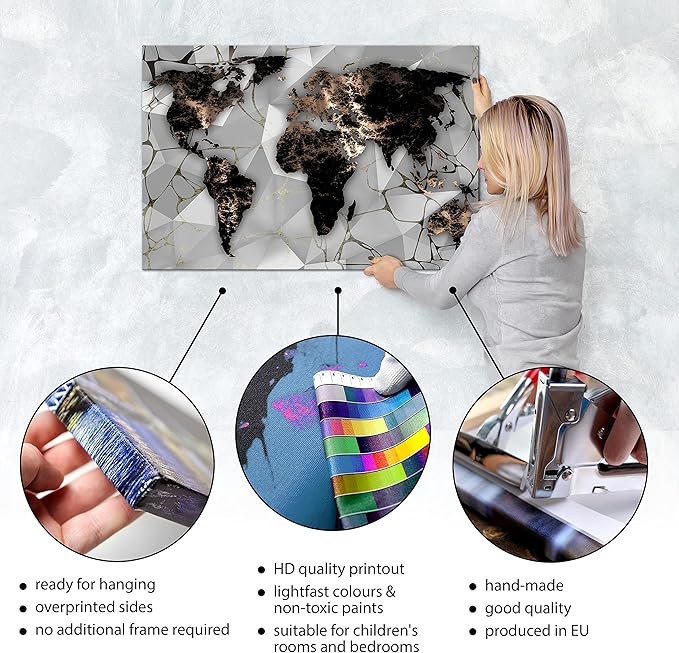 artgeist Textured Canvas Wall Art World Map 24x16 in - 1pcs Painting Canvas Prints Picture Artwork Image Framed Modern Photo Wall Home Marable Black k-C-10012-b-a
