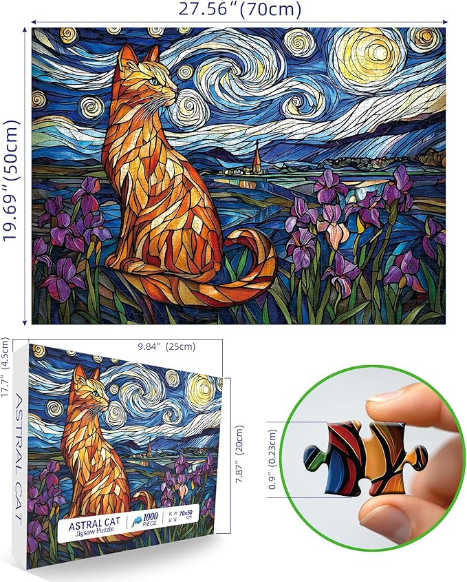 Stained Glass Cat Puzzles for Adults 1000 Pieces Starry Night Impossible Hard Puzzle for Adults Beautiful Vintage Flowers Cats Art Jigsaw Puzzles 1000 Pieces Unique Challenging Family Puzzle