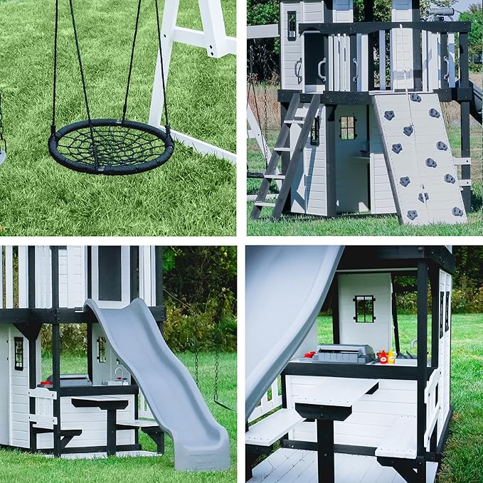 Backyard Discovery Canyon Creek White Cedar Wood Swing Set with Wave Slide, Clubhouse, Play Kitchen, Picnic Area, Belt Swings, Web Swing, Rock Wall, Balconies, Playhouse, Step Ladder, Outdoor Playset