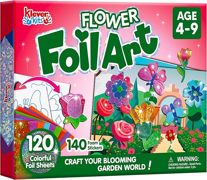Klever Kits Foil Art Kit for Kids - Arts & Crafts Supplies, Mess Free Coloring, Flowers & Butterflies Foil Foam Stickers, Creative Travel Toys, Birthday Gifts for Boys & Girls Ages 4 and Up