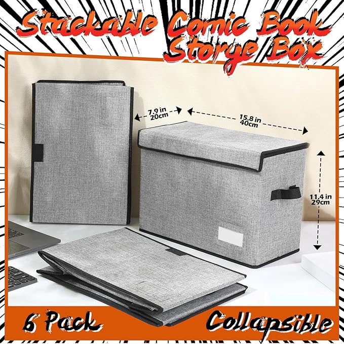 Chuangdi 6 Pcs Comic Book Storage Boxes, Back to School Collapsible Comic Short Box Case with Lid, 15.8 x 7.9 x 11.4 Inch Book Bin Container Holds 150 Comics(Gray)