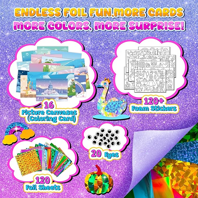 Sinceroduct Foil Art Kit for Kids, Princess Fun-Foil Art Craft Supplies for Kids Ages 4-8,Mess Free Coloring, Foils Foam Sticker,Children DIY Creative Activity Travel Toy,Birthday Gift for Boy & Girl.