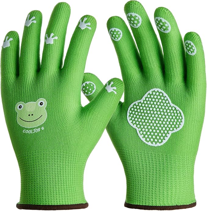 COOLJOB Small Toddler Gardening Gloves for Little Boys Girls Ages 2-4, Breathable Kids Work Gloves with Grippy Animal Paw Dots for Children Yard Landscape, Green Frog, 1 Pair