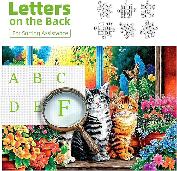 500 Piece Cat Jigsaw Puzzle for Adults - 23x15 Inch Cute Kittens in Garden Window with Butterflies & Flowers, Unique Art Puzzle for Home Decor & Gift