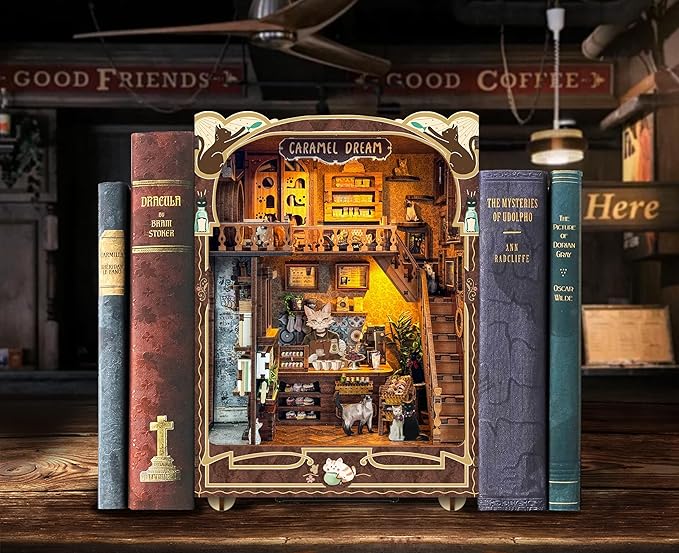 Book nooks DIY Dollhouse Kit for Adults 3D Stereo Assembly Night Light Sensing Wooden Bookend Jigsaw Building Model Gifts for Family,Friends (Caramel Dreams)