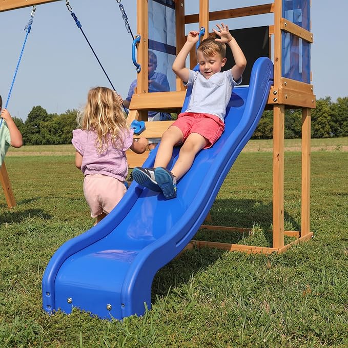 Backyard Discovery Bay Pointe Cedar Wood Swing Set with Wave Slide, Play Deck, Rock Wall Ladder, Belt Swings, Chalkboard, Canopy Roof, Outdoor Playset