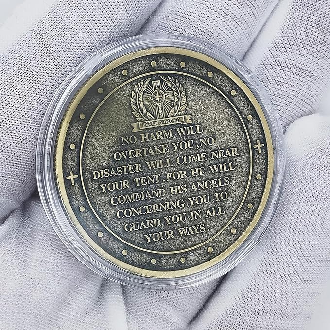 Archangel Michael Challenge Coin Religious Art Collectible with Inspirational Scripture Psalm 91:10 – 11 (Single Coin)
