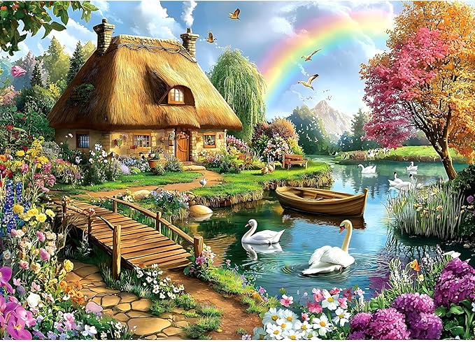Cottage Lake Scene 1000 Piece Jigsaw Puzzle for Adults Swan Rainbow Flowers House Garden Landscape Challenging Family Puzzle Perfect for Game Nights (27.5"X19.6")