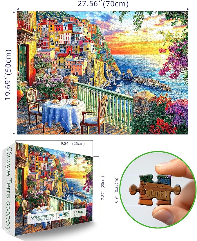 Italy Cinque Terre Jigsaw Puzzles for Adults 1000 Pieces Coastal Village Beautiful Landscape Scenery Sunset View with Letters on Back Hard Impossible Difficult challenging Family Puzzle (27.5"x19.6")