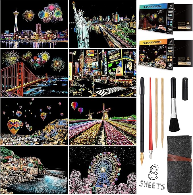 M MUGIT Scratch Art for Adults Kids, Rainbow Painting Night View Scratchboard(A4), Crafts Set: 8 Sheets Scratch Cards with 6 Tools in Bag - New York, Statue of Liberty, Cinque Terre(America/Europe)