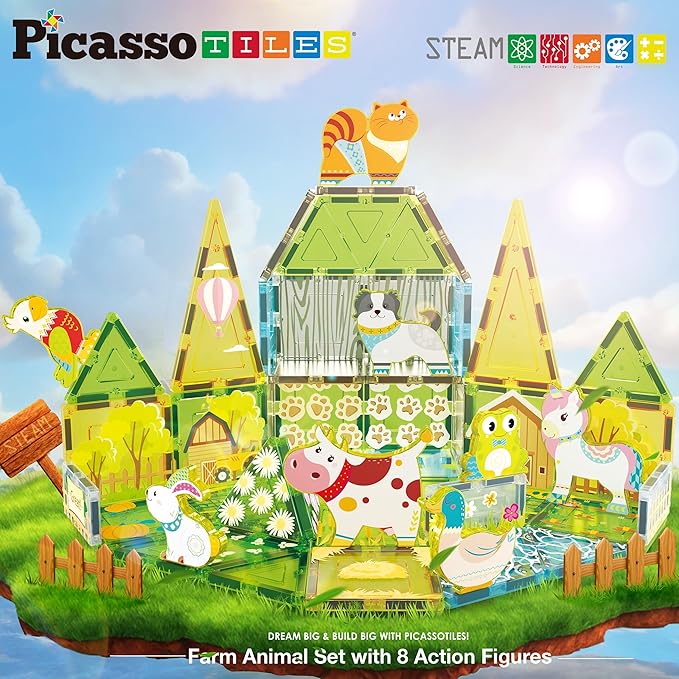 PicassoTiles Magnetic Tile Farm Animal Building Playset with 8 Character Figures STEM Construction Toy for Kids Age 3 Plus Educational Pretend Play Learning Blocks Farmyard Creative Activity Kit PTQ17