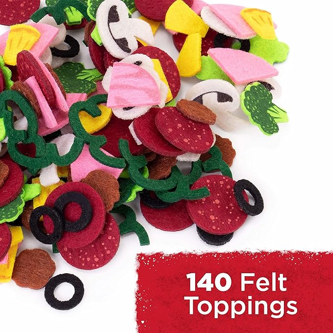 Let's Make a Pizza - Pretend Food Playset with 4 Wooden Pie Slices, 140 Felt Toppings, Wood Roller, and 3-in-1 Cardboard Box Prep Station, Oven, & Serving Table - Cute Cooking Toys for Boys & Girls