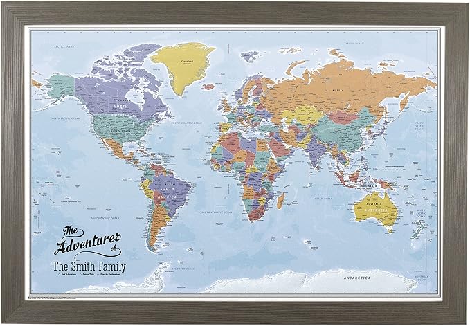 Push Pin Travel Maps Canvas - Personalized Blue Oceans World with Barnwood Gray Frame