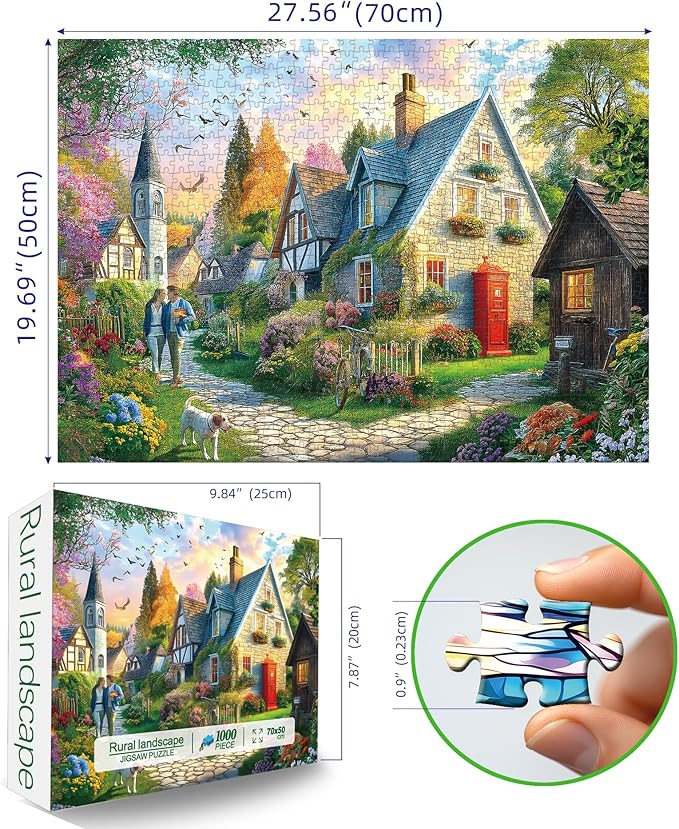 Cottage Village Church 1000 Piece Jigsaw Puzzle for Adults Countryside Scene Puzzle Challenging Beautiful Country Garden Landscape Family Puzzle Perfect for Game Nights (27.55 x 19.68)