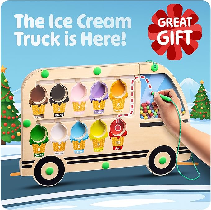 Super Fun Ice Cream Truck Magnetic Color & Number Maze Adventure Toy - For Toddlers and Kids - Montessori Puzzle Board for 1-10 Counting and 10 Color Matching/Sorting - Improve Child's Motor Skills