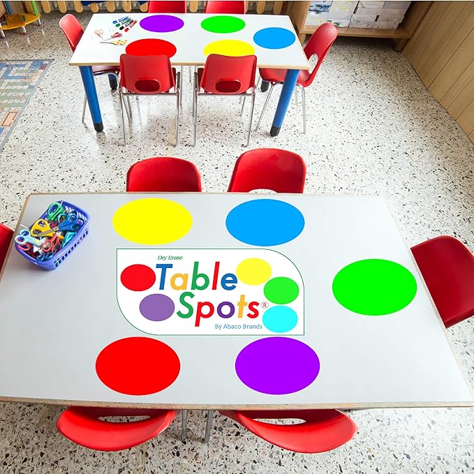 New Larger Size! | The Original Table Spots for Teachers | No Staining, No Shadowing, Complete Erase! Dry Erase, 10 Pack Multicolor Circles, Wall Stickers, Decals