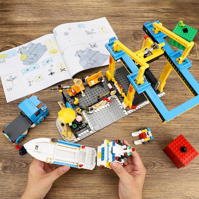 City Seaside Harbor Building Set Compatible with Lego Cargo Ship Boat Toy, Container Crane and Truck, Construction Toy for for Adults Teens Kids Girls Boys 6+