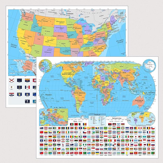 US & World Primary Laminated Classroom Map Pack by BrightWay Educational | 36" x 30" Educational Wall Maps | Grades 1-5 | Bright Colors & Large Fonts | Geographical Features | National Capitals & Major Cities (With Flags)