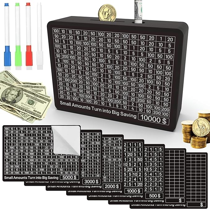 Piggy Bank for Adults Kids, Wooden Coin Bank for Boys and Girls, Cash Vault Money Saving Box with Counter $10000 $5000 Savings Challenge Money Box with Money Target and Numbers (Black Box+ 8 Sheets)