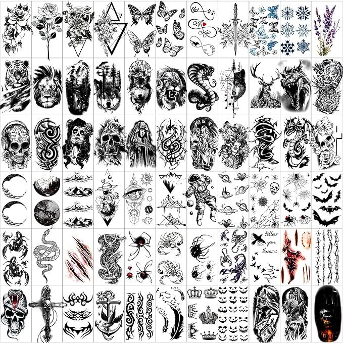 82 Sheets Temporary Tattoo for Men Women Adults, Include 12 Sheets Black 3D Half Sleeve Temporary Tattoos, Halloween Tattoos Scary Lion Wolf Tiger Skull Skeleton Tattoos Stickers