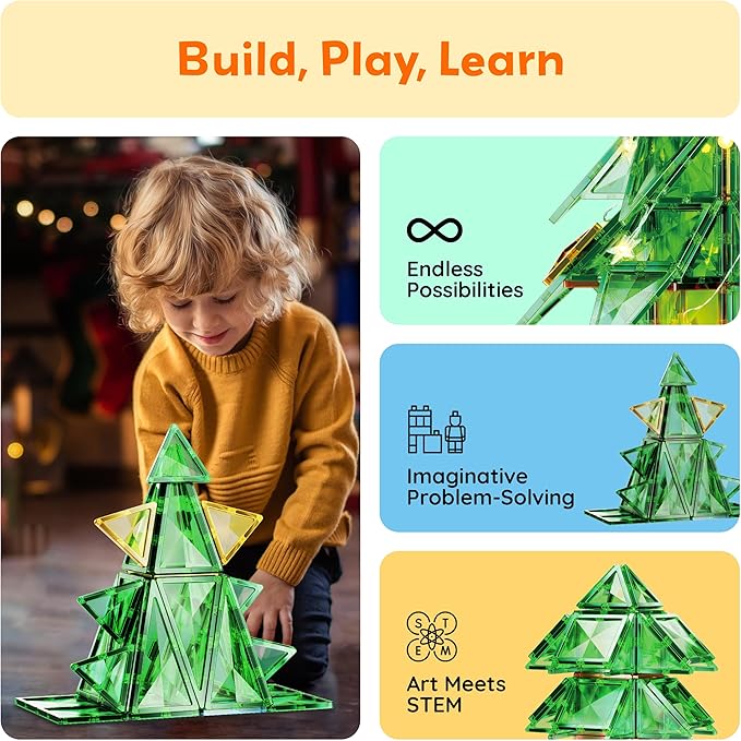 PicassoTiles 106pc Magnetic Tiles LED Light-Up Tree Toy Holiday STEM Toys for Kids Educational Magnet Building Blocks Gift for Toddlers Boys Girls Christmas Montessori Puzzle Play Set Ages 3+ PT106