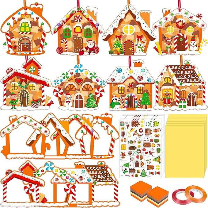 40PCS Christmas Crafts Bulk: Gingerbread House Paper Suncatchers DIY Kit for Winter Xmas Holiday Activities Decorations, Window Stained Glass Effect Art Ornaments
