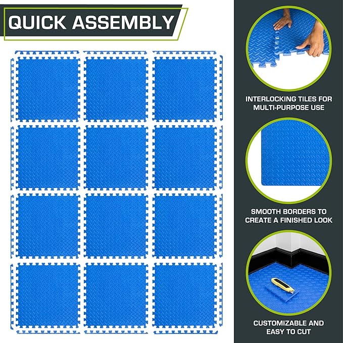 ProsourceFit Puzzle Exercise Mat ½ in, EVA Interlocking Foam Floor Tiles for Home Gym, Mat for Home Workout Equipment, Floor Padding for Kids, Blue, 24 in x 24 in x ½ in, 48 Sq Ft - 12 Tiles
