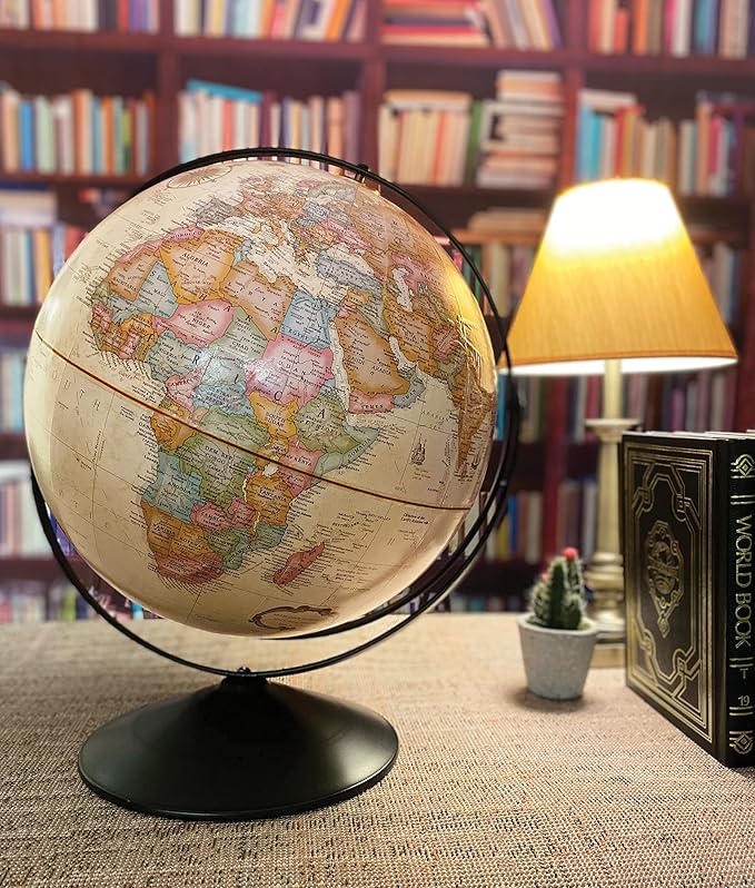 Replogle Eureka 16 inch desktop globe with up to date antique raised relief map and full swing gyromatic assembly. The beautiful antique color globe ball and vast amount of up-to-date information will peak the interest of any geographical connoisseur o...