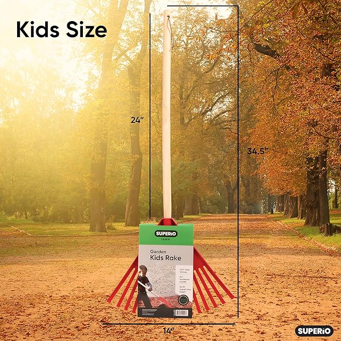 Leaf Rake, Red Kid Size Leaf Collector, Bulk Pack Gardening Rake, 24-Pack Plastic Rakes with Wood Handle, by Superio