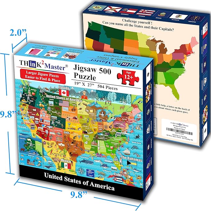 Think2Master Colorful United States Map 500 Pieces Large Format Jigsaw Puzzle for Kids 12+, Teens, Adults & Families. Great Gift for stimulating Interest in The USA Map. Size: 26.8” X 18.9”