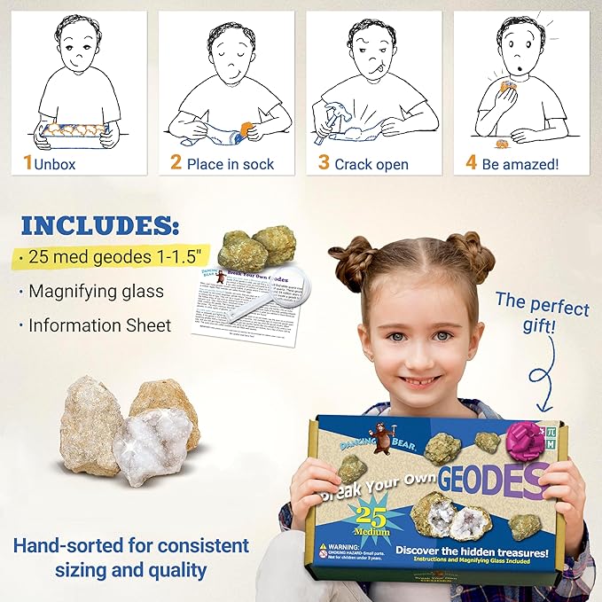 DANCING BEAR 25 Break Your Own Geodes, (Medium 1-1.5") 90% Hollow, Crack Open & Discover Amazing Surprise Crystals Inside! Educational Info and Instructions Included, Fun Party Favors & Prizes