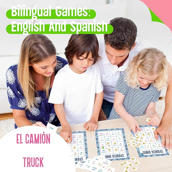 Spanish Bingo Game, 25 Boards for Spanish Vocabulary Bilingual Word Bingo Game Educational Toys for Language Learning - Ages 5 and up (Up to 25 Players)