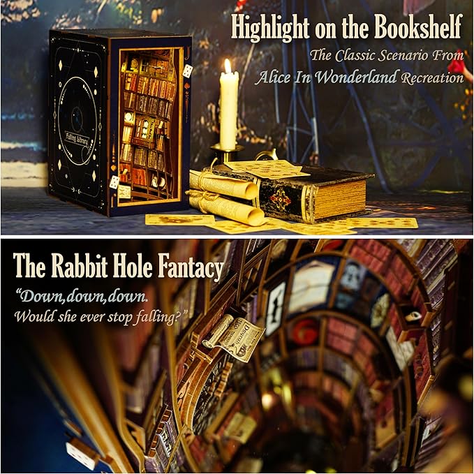DIY Book Nook Kit, Alice in Wonderland, Dollhouse Miniature, Booknook Bookshelf Insert Alley 3D Wooden Puzzle, Bookends Model Building Kit, Gift for Teens and Adults, Falling Library