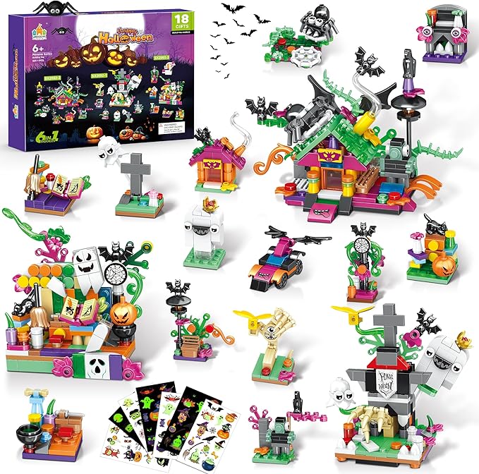 Halloween Building Set for Kids – 6-in-1 Haunted House, Spooky Witch Workshop & Haunted Graveyard with Glow Tattoos, Trick-or-Treat Toys, Pretend Play, Party Favors & Home Decor for Girls & Boys 6+