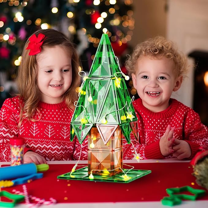 PicassoTiles 106pc Magnetic Tiles LED Light-Up Tree Toy Holiday STEM Toys for Kids Educational Magnet Building Blocks Gift for Toddlers Boys Girls Christmas Montessori Puzzle Play Set Ages 3+ PT106