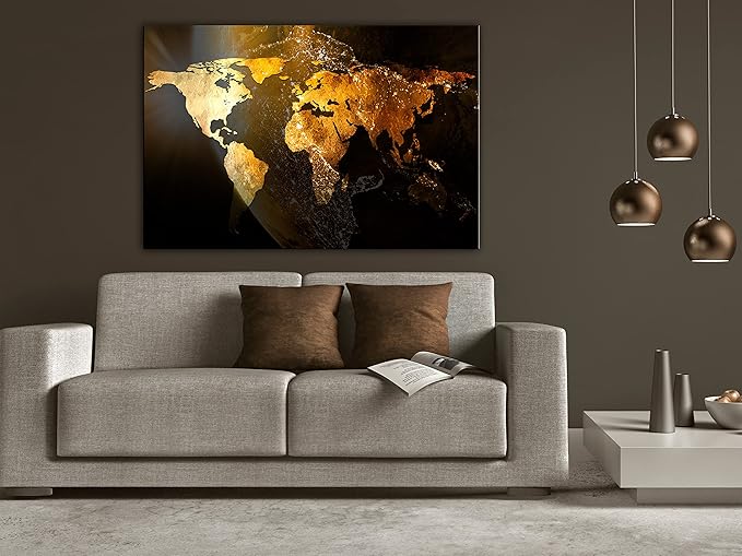 artgeist Textured Canvas Wall Art World map 24x16 in - 1pcs Painting Canvas Prints Picture Artwork Image Framed Contemporary Modern Wall Home Map Continent Sun Abstract k-C-10000-b-a