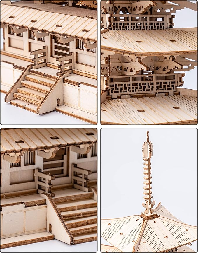 ROBOTIME 3D Puzzle Wooden Craft Kits for Adults DIY Model Building Kit Best Gift for Kids (Five-Storied Pagoda)