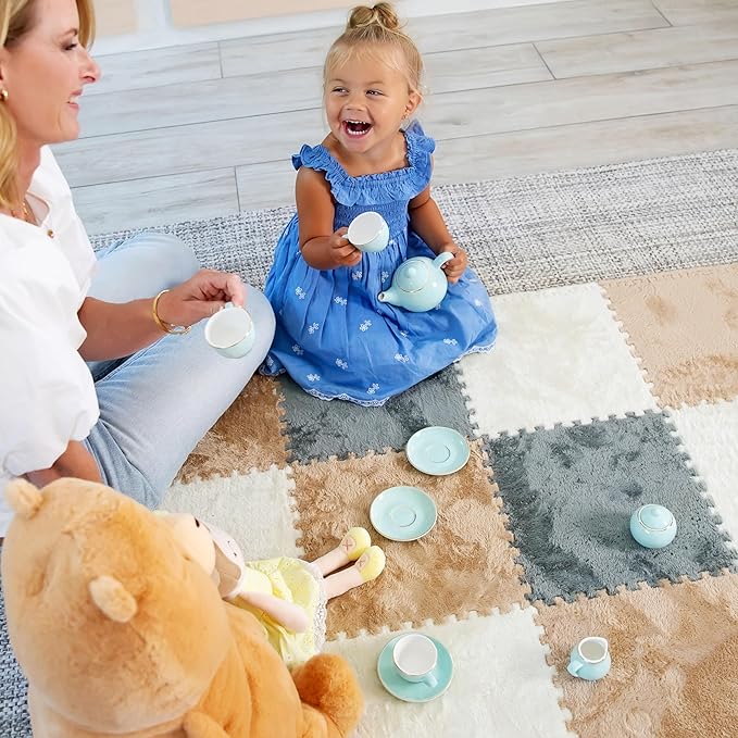 16 Piece Carpet Squares Puzzle Mat 49" x 49" Plush Interlocking Carpet Tiles, Foam Floor Tiles for Baby Play Mat - Kids Soft Play Mats Anti Slip Jigsaw Flooring Playmat Playroom Rug (Brown,Gray,White)