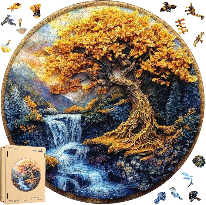 Puzzles for Adults, Tree of Life Waterfall River Wooden Jigsaw Puzzles 200 Pieces Unique Shape Adult Puzzles, Irregular Wood Creative Gift for Adults Family Game(11.2x11.2 in)