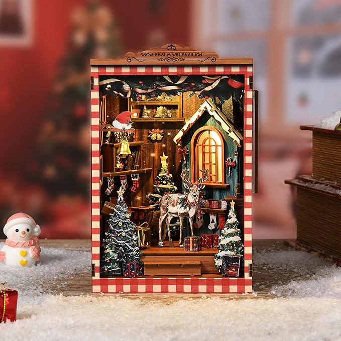 ISSEVE Book Nook Kit, DIY Miniature House Kit for Adults Teen Beginners, Dollhouse Mini Booknook Kits, Tiny House Bookshelf Decoration, 3D Wooden Puzzles Crafts Gifts (Merry Christmas)