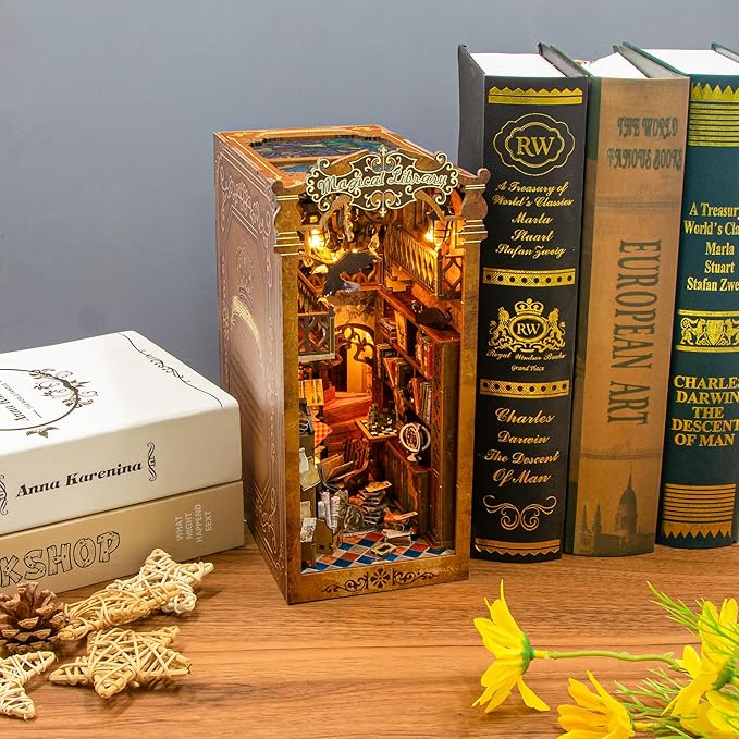 Book Nook Kit，DIY Miniature Dollhouse Kit for Adults and Teens，3D Wooden Tiny House for Family and Friends，Bookshelf Decor in Halloween/Christmas(Magic Book-Shop)