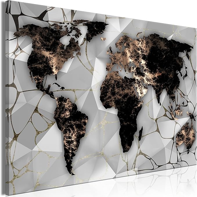 artgeist Textured Canvas Wall Art World Map 24x16 in - 1pcs Painting Canvas Prints Picture Artwork Image Framed Modern Photo Wall Home Marable Black k-C-10012-b-a